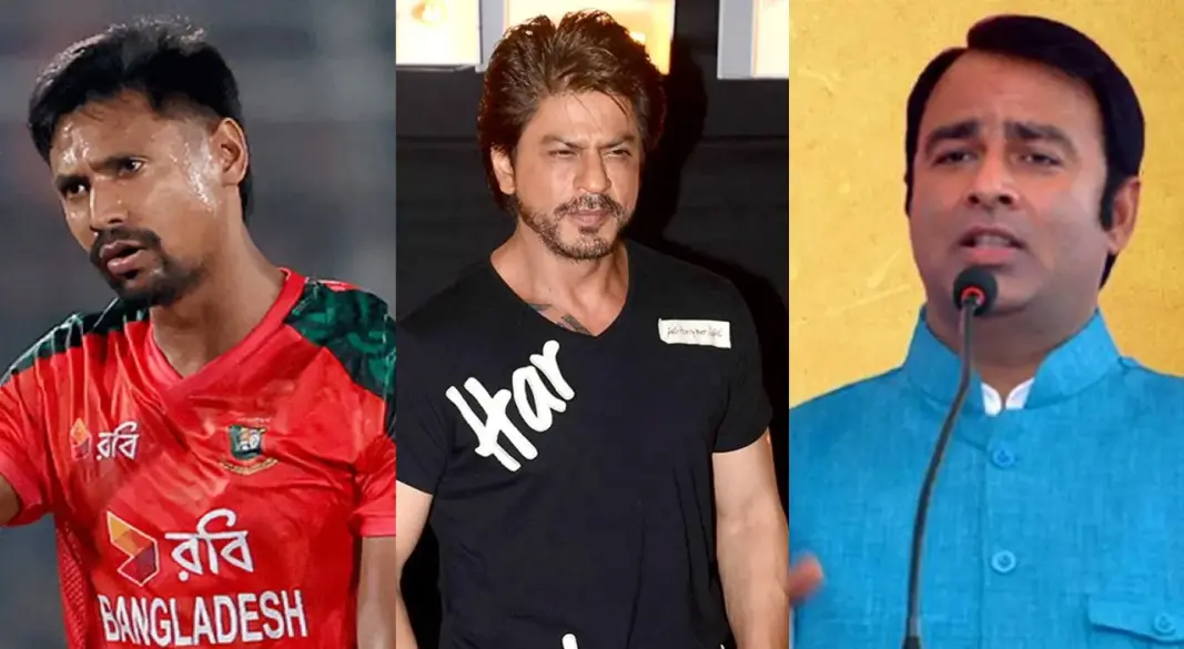 শাহরুখ খান, মুস্তাফিজুর রহমান ও বিজেপি নেতা সঙ্গীত সোম। ছবি: সংগৃহীত