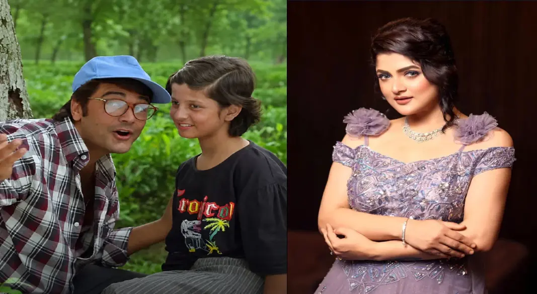 মায়ার বাঁধন’ সিনেমায় প্রসেনজিৎ ও ৮ বছরের শ্রাবন্তী (বাঁয়ে) এবং শ্রাবন্তী চট্টোপাধ্যায় (ডানে)। সংগৃহীত ছবি
