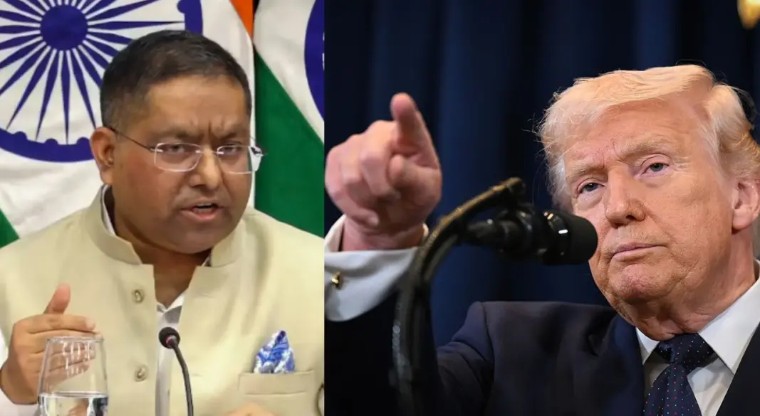 ভারতের পররাষ্ট্র মন্ত্রণালয়ের মুখপাত্র রণধীর জয়সওয়াল(বামে) ও যুক্তরাষ্ট্রের প্রেসিডেন্ট ডোনাল্ড ট্রাম্প(ডানে)। ছবি : সংগৃহীত