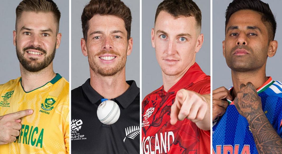 টি-টোয়েন্টি বিশ্বকাপের সেমিফাইনালে ওঠা চার দলের অধিনায়ক (বাঁ থেকে) দক্ষিণ আফ্রিকার মার্করাম, নিউজিল্যান্ডের স্যান্টনার, ইংল্যান্ডের ব্রুক ও ভারতের সূর্যকুমার। ছবি: আইসিসি
