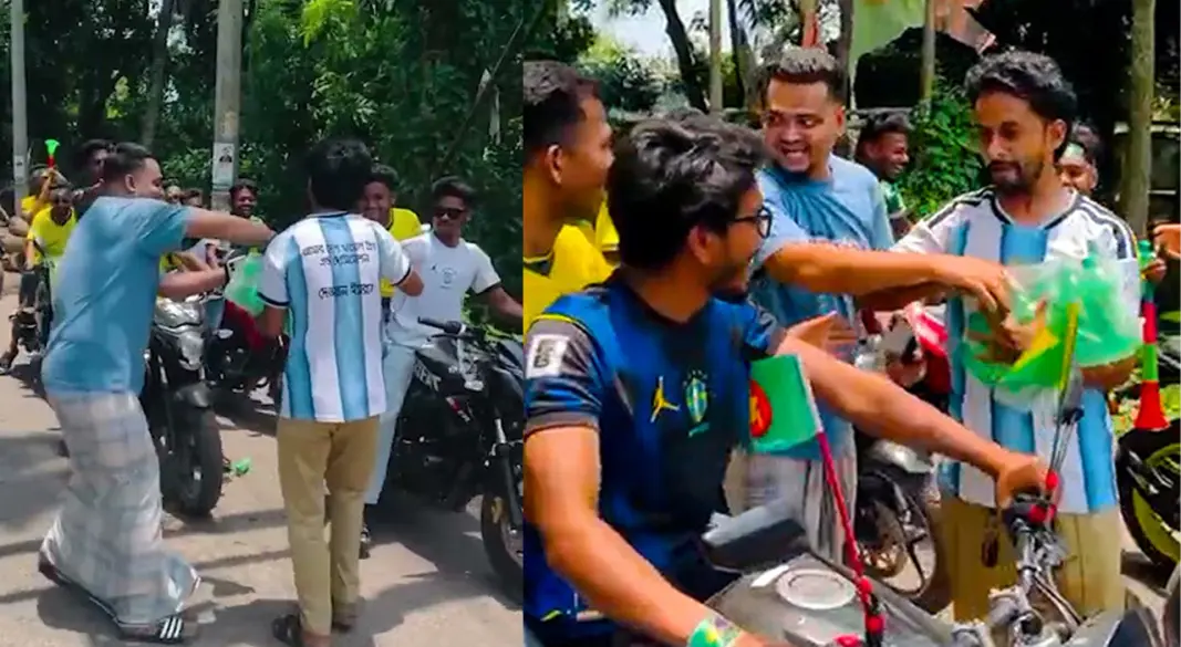 শরীয়তপুরে ব্রাজিল ভক্তদের র‍্যালিতে সেভেন-আপ বিতরণ। ছবি : সংগৃহীত