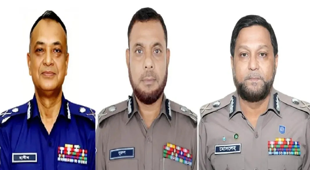 নবনিযুক্ত র‌্যাব প্রধান আহসান হাবীব, এসবি প্রধান নুরুল আমিন ও সিআইডি প্রধান মোসলেহ উদ্দিন। ছবি: সংগৃহীত