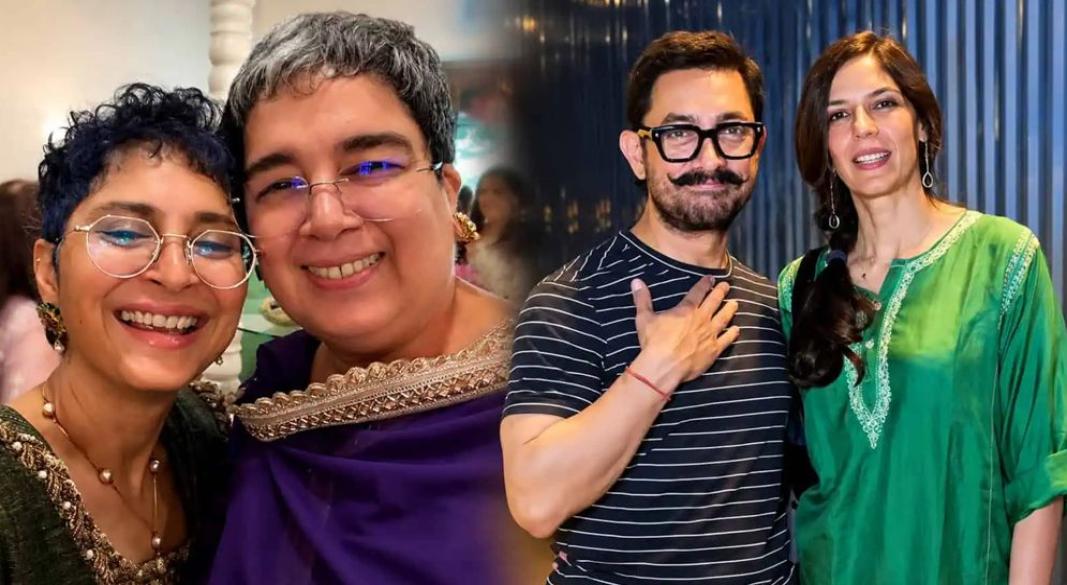 আমির খানের সাবেক দুই স্ত্রী ও হবু স্ত্রী গৌরি স্প্র্যাটের সঙ্গে অভিনেতা। ছবি: সংগৃহীত